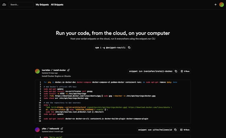 snippet.run - Run your code, from the cloud, on your computer