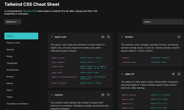 Tailwind CSS v4, v3 Cheat Sheet - Instantly find all utility classes ...