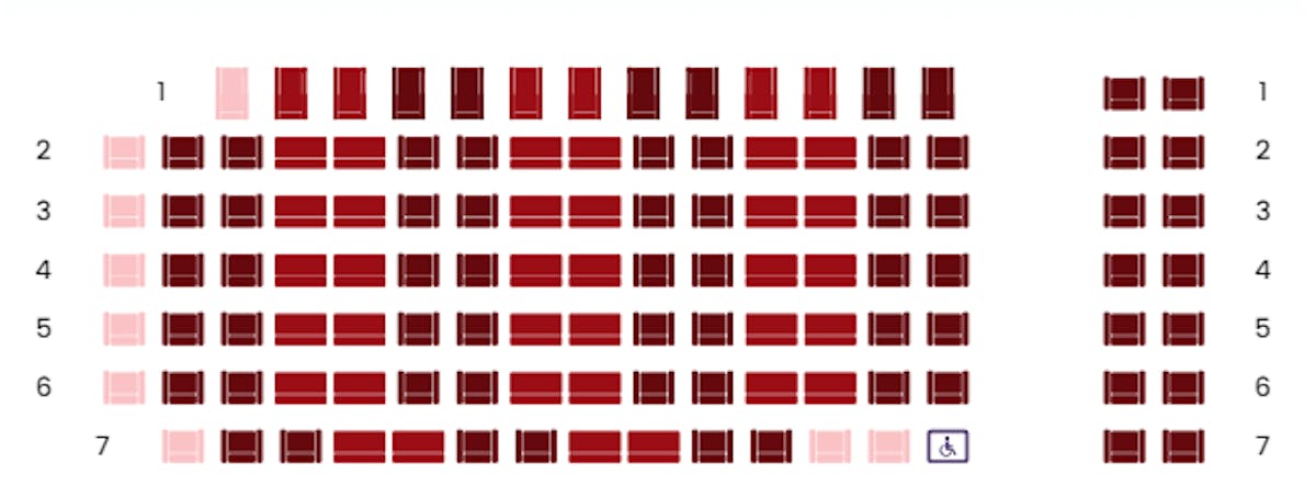 Setene med samme farge har armlen som kan vippes opp mellom dem. Setene i helt lys rød farge er enkle seter. 