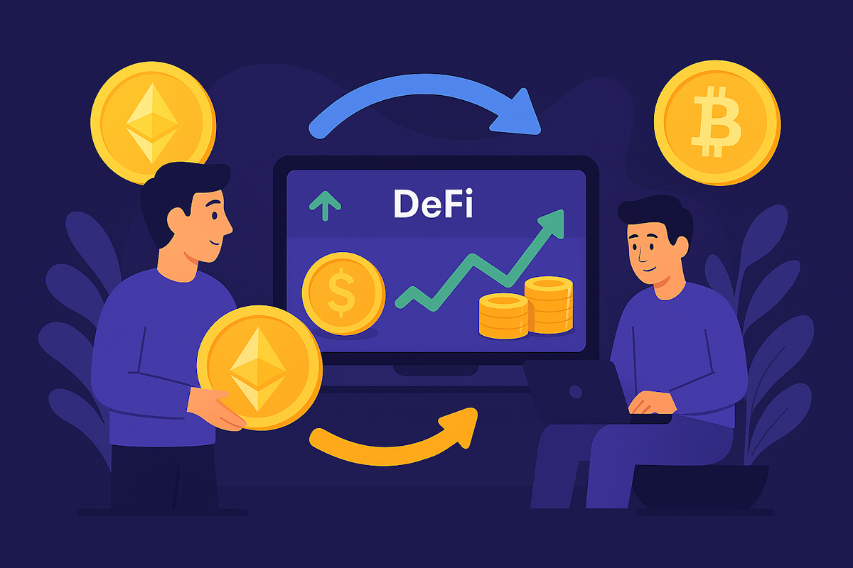 DeFi farmanje — korisnici upravljaju kriptovalutama uz Ethereum i Bitcoin simbole, prikaz pasivne zarade na laptopu.