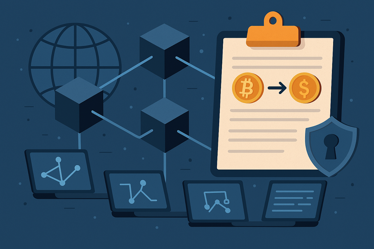 Vizuelni prikaz blockchain tehnologije — povezani blokovi, globalna mreža računara, kripto transakcija na digitalnoj tabli i zaštita podataka pomoću kriptografije