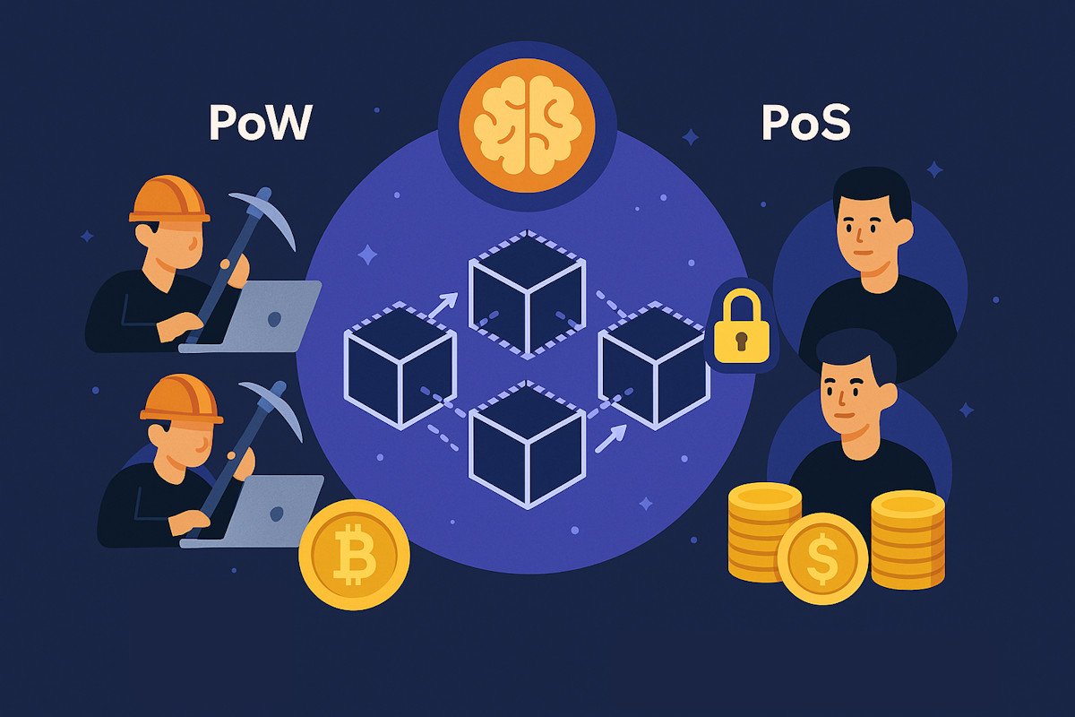 Ilustracija mehanizama konsenzusa — rudari sa računarima predstavljaju Proof of Work, dok validatori i zaključani tokeni simbolizuju Proof of Stake, sa blockchain mrežom u centru