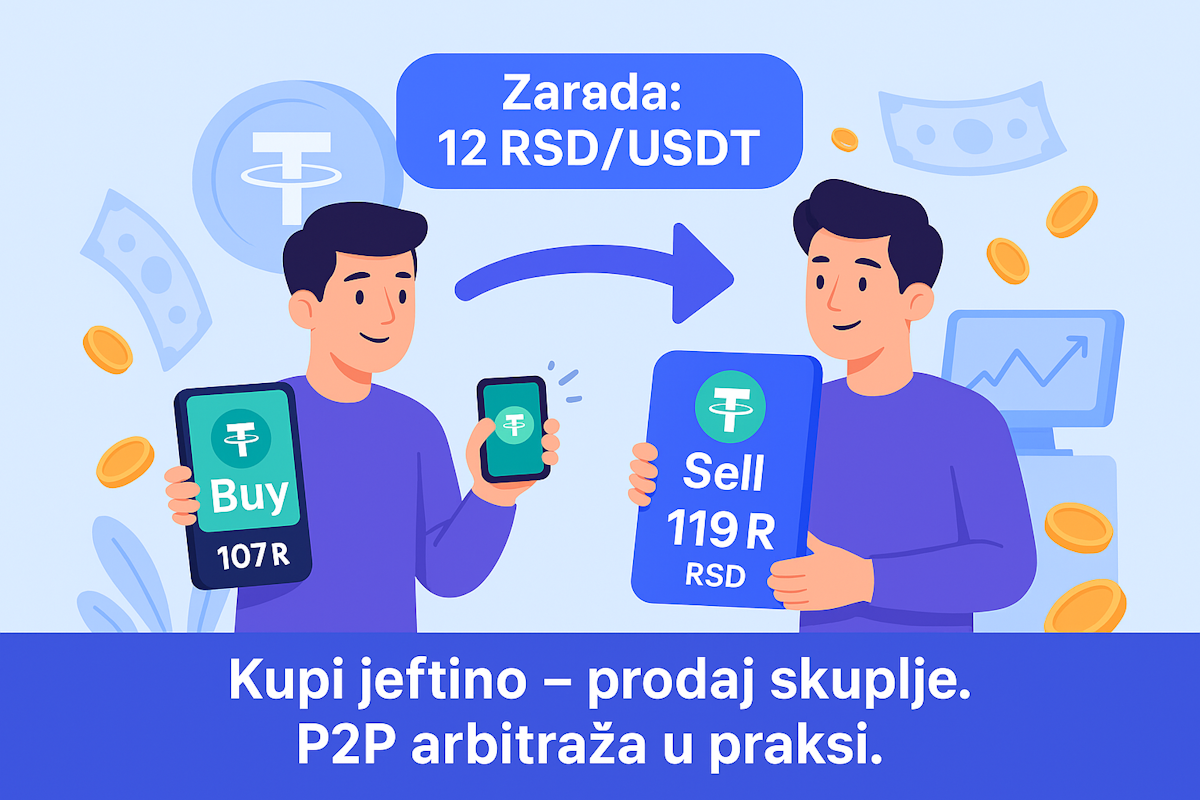 Ilustracija koja prikazuje P2P trgovinu kriptovalutama – korisnik prodaje USDT direktno drugom korisniku uz pomoć platforme