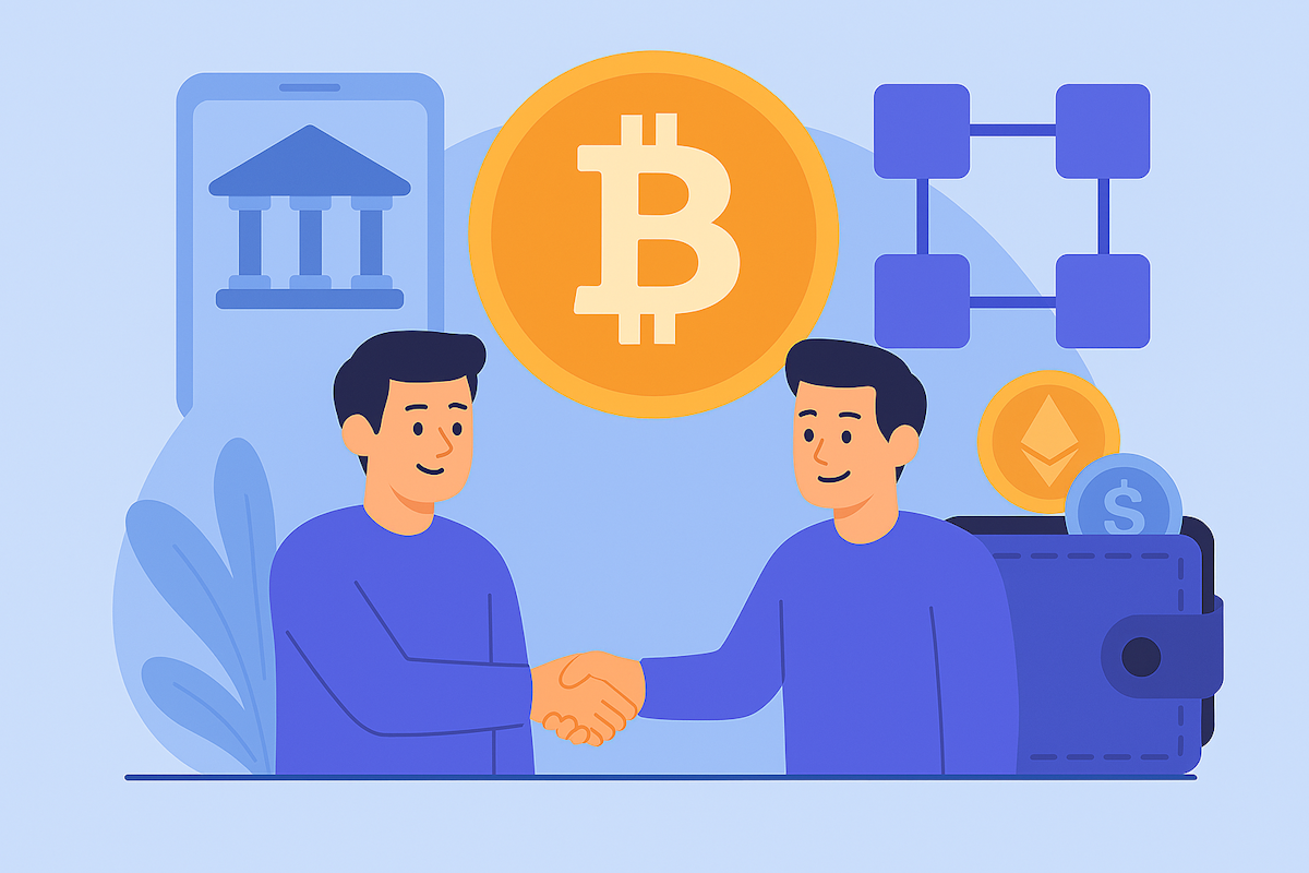 Ilustracija kriptovaluta — korisnici se rukuju ispred simbola Bitcoina, kripto novčanika, blockchain mreže i digitalne banke.