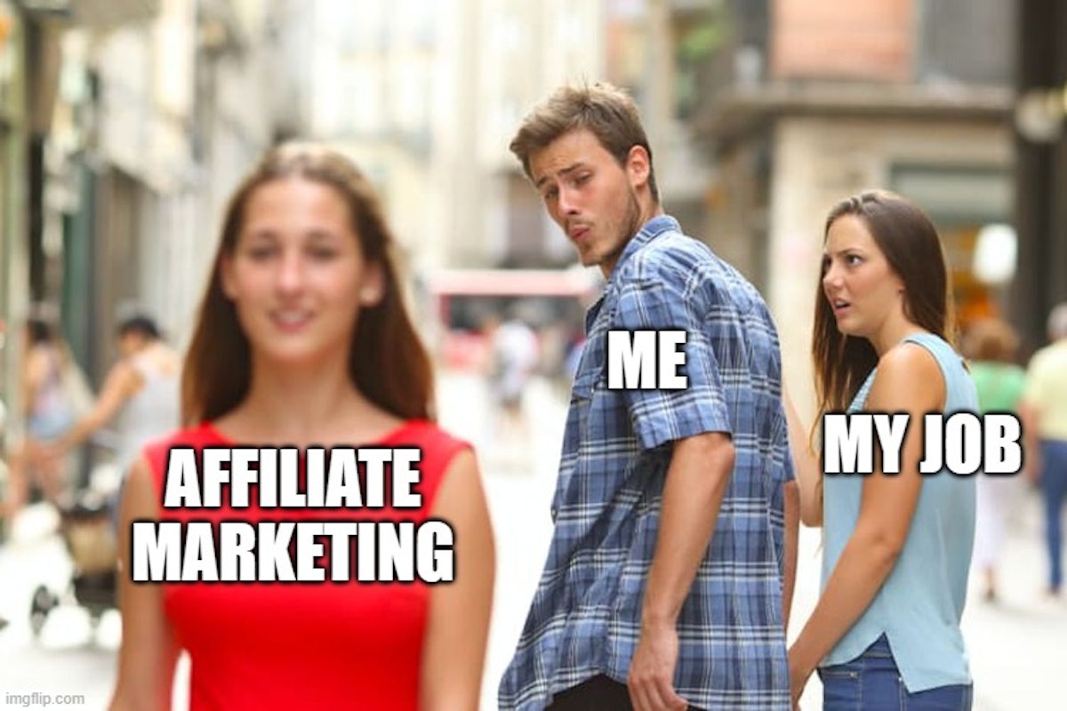 Meme prikazuje muškarca koji se okreće za 'Affiliate marketing' dok je sa svojom devojkom 'My job' – ilustracija prelaska sa klasičnog posla na online zaradu putem affiliate marketinga.