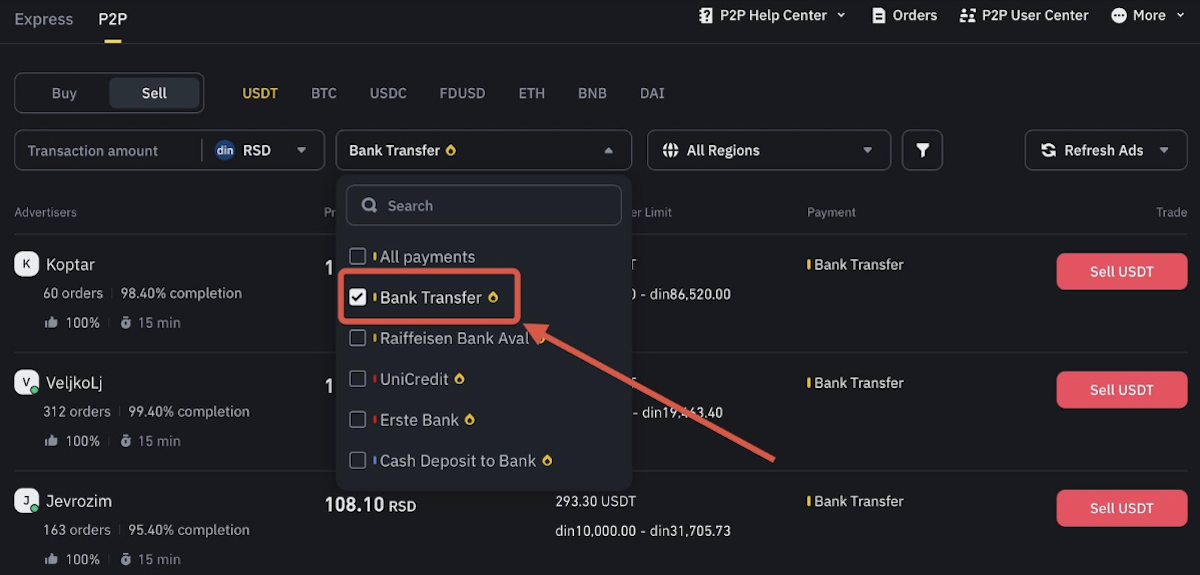 Kako izabrati opciju Bank Transfer za prodaju USDT na Binance P2P platformi u dinarima