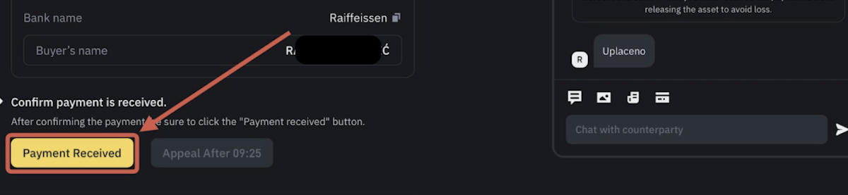 Klik na dugme Payment Received na Binance P2P platformi nakon prijema uplate na bankovni račun