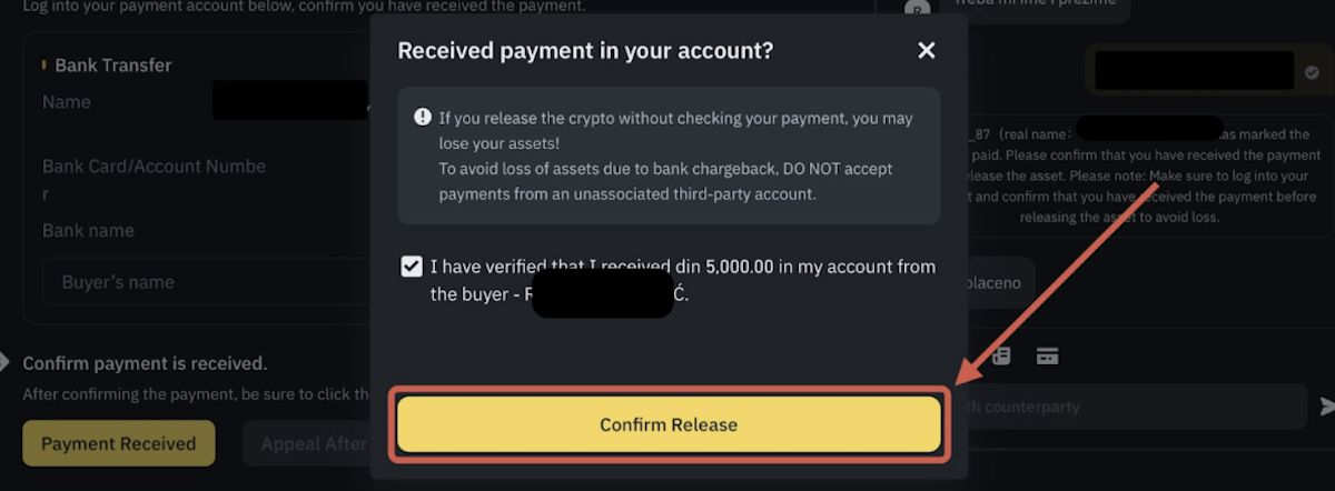 Završni korak prodaje USDT na Binance P2P: klik na dugme Confirm Release nakon potvrde uplate
