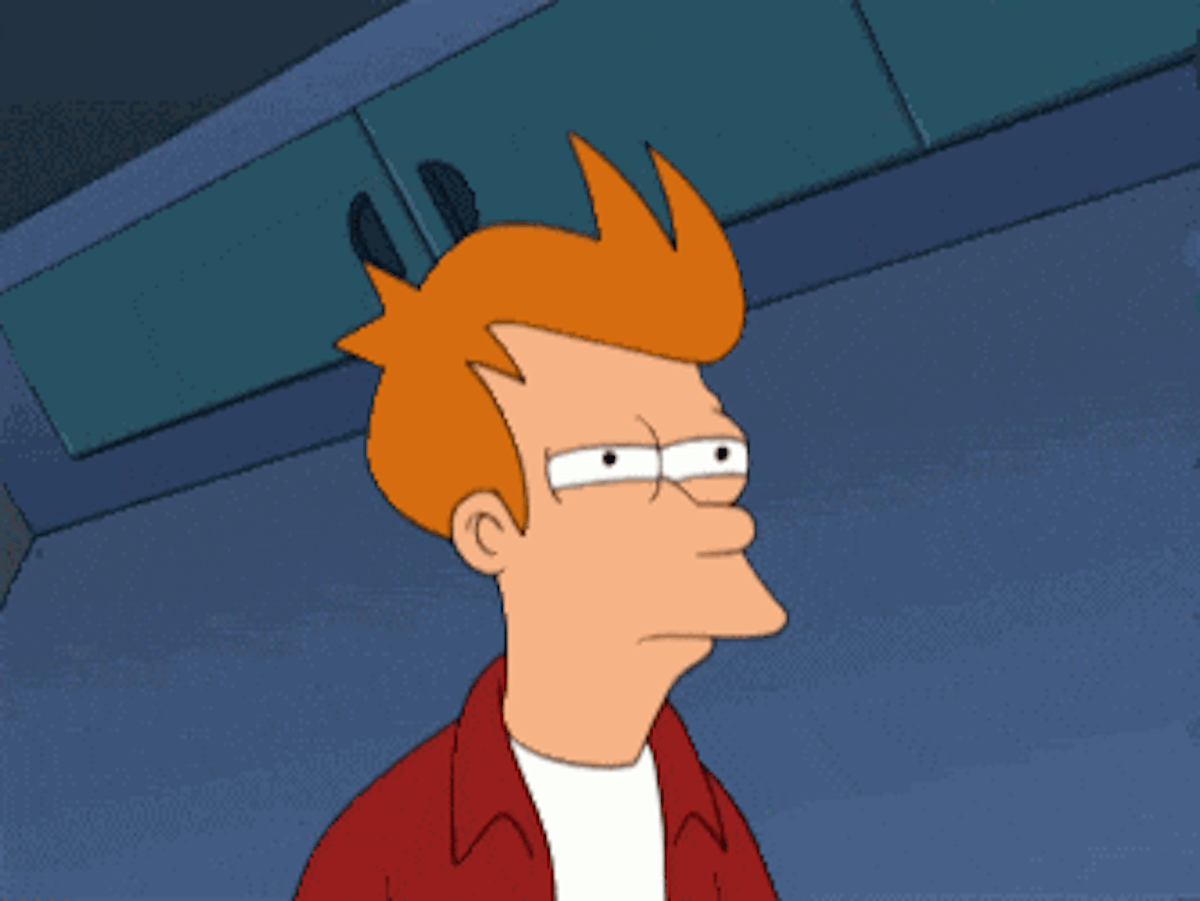 GIF sumnjičavog pogleda iz crtaća Futurama – reakcija na lažna obećanja o brzoj zaradi u kriptu