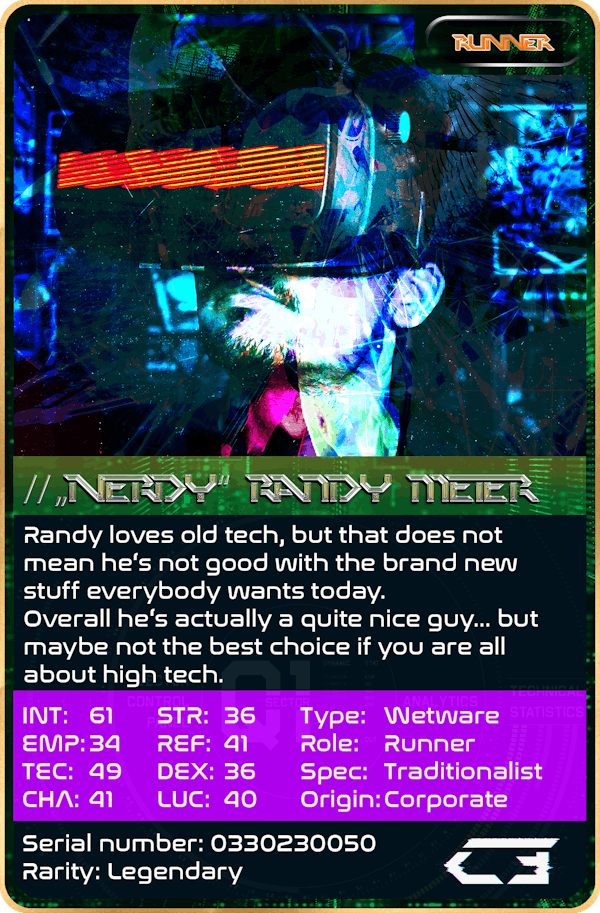 Nerdy Randy >> Runner >> 0330230050 >> Rarity >> [LEGENDARY]