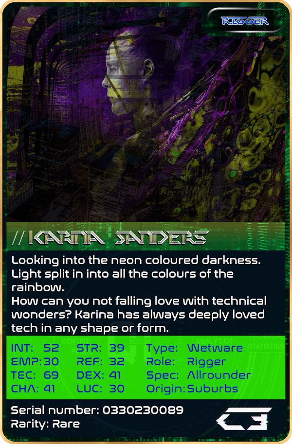 Karina Sanders >> Rigger >> 0330230089 >> Rarity >> [RARE]