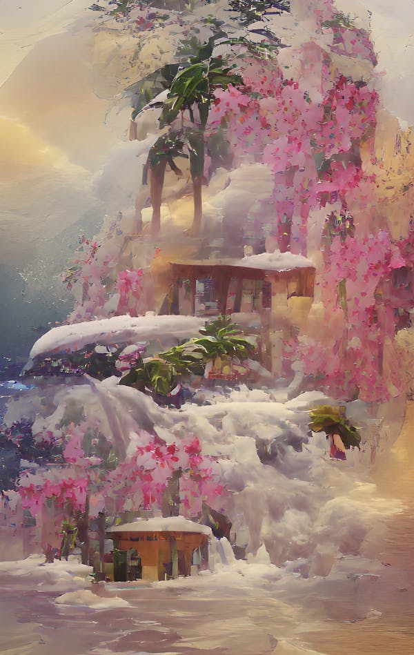 Pink Waterfall in Snow