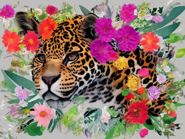 Jaguar and flowers