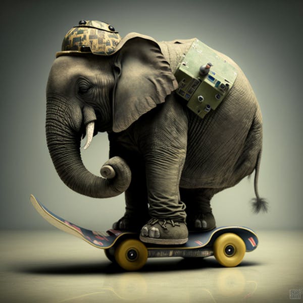 Smoking elephant on a skateboard