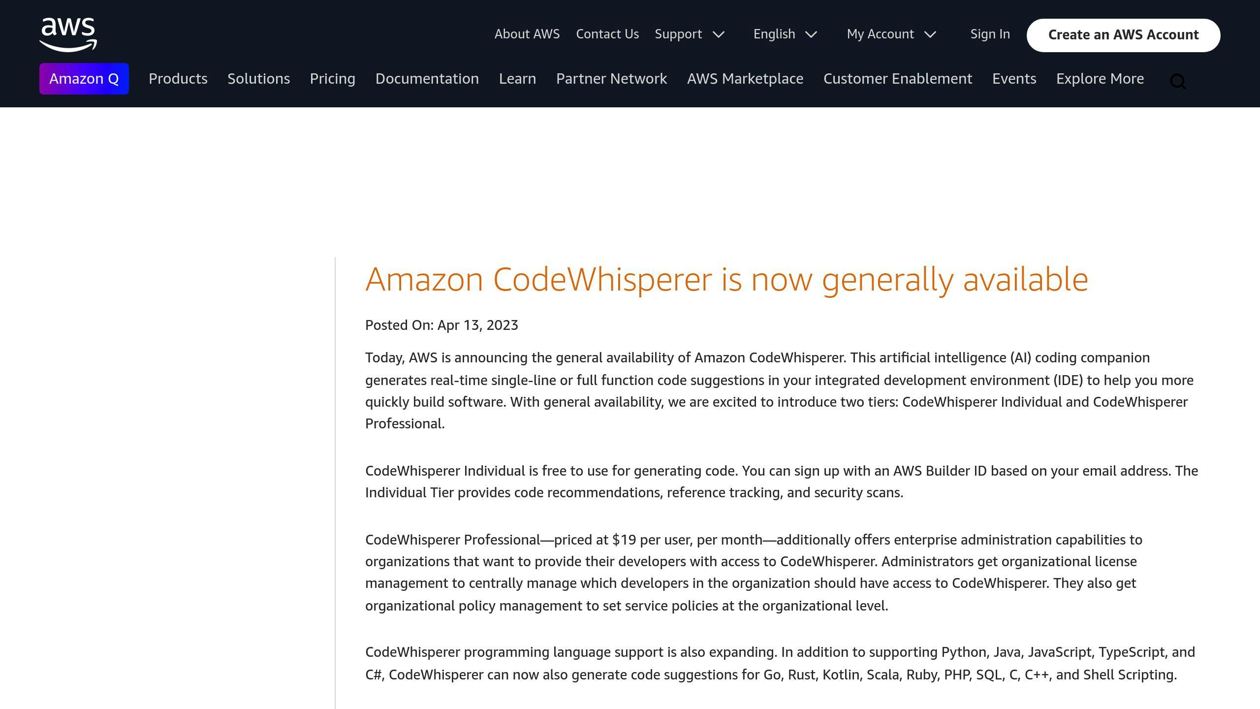 Amazon CodeWhisperer