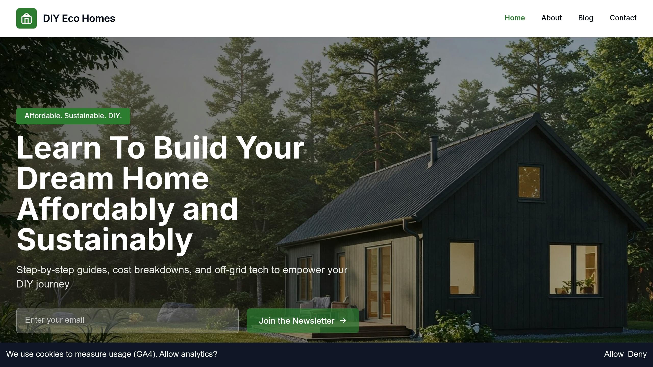 DIY Eco Homes website screenshot showing recycled material budget planning tools and cost breakdowns