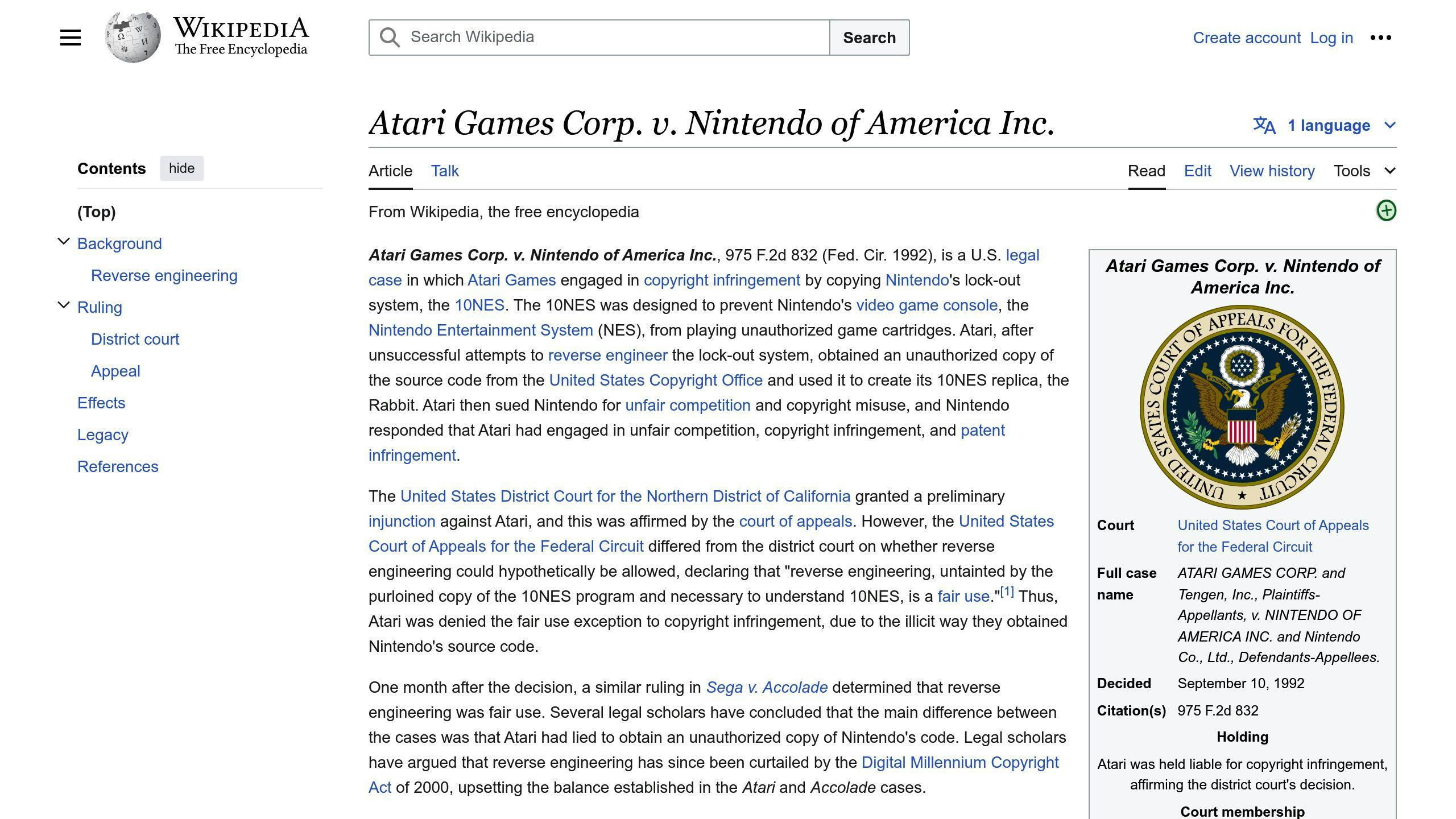 Atari Games Corp. v. Nintendo of America