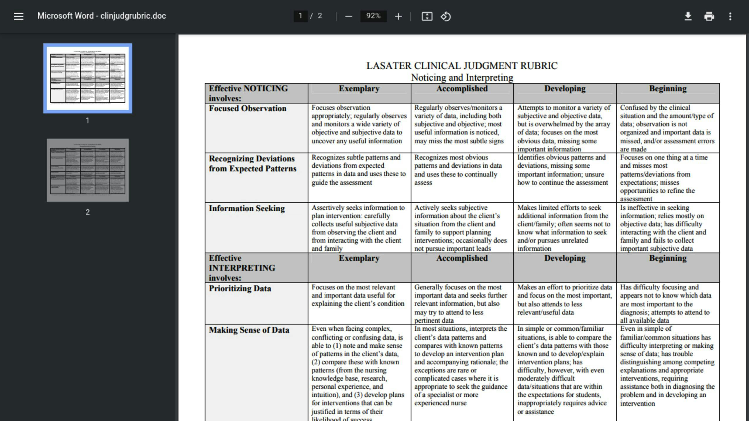 Lasater Clinical Judgment Rubric