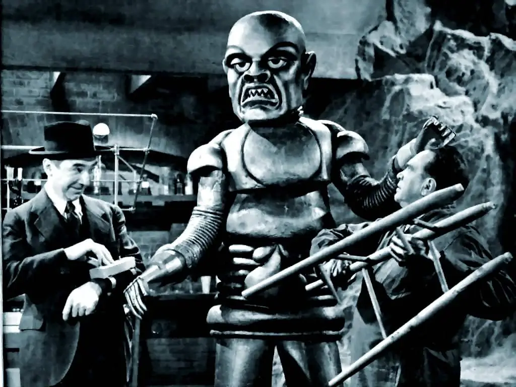 Bela Lugosi controls a giant evil looking robot with remote control on his arm - what could go wrong?